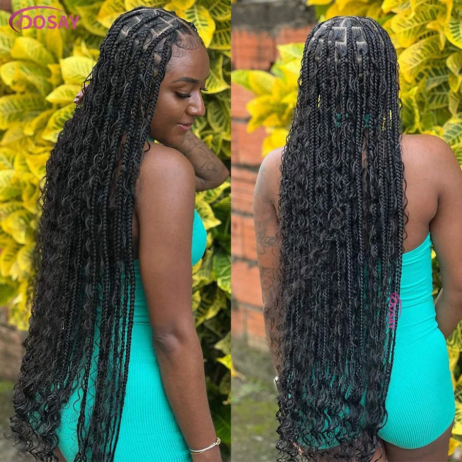 32Inch Synthetic Braided Wigs Full Lace Boho Cornrows Braids With Curly Ends Locs Goddess Knotless Box Braid Wig For Black Women