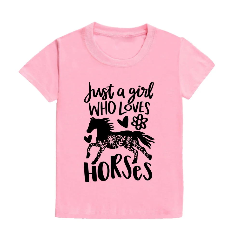 Camiseta con estampado de Just A Girl Who Loves Horses para niños, camisa de manga corta para niños pequeños, ropa bonita para niñas, regalo para