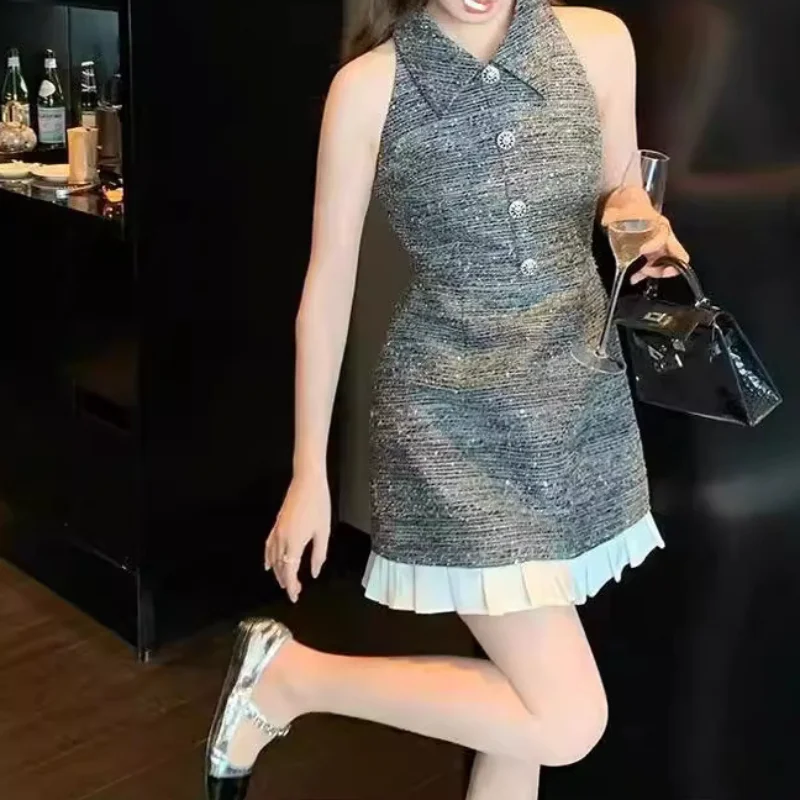 

French Small Fragrance Shiny Sleeveless Dress Women Summer Party Birthday Sweet Korea Chic High Quality French Short Dresses