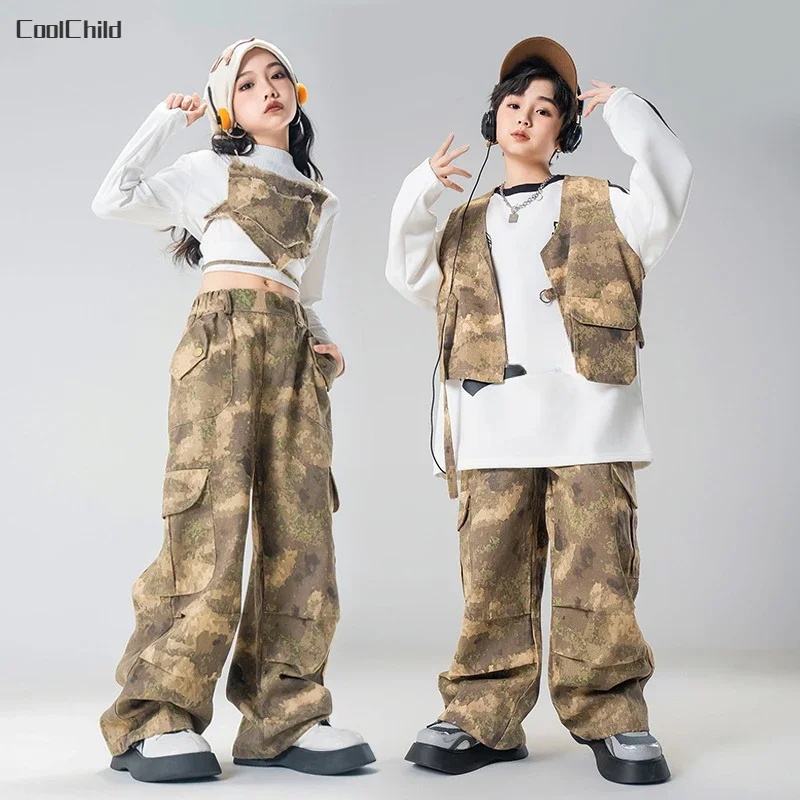 Boys Hip Hop Camouflage Vest Cargo Pants Girls Cool Street Dance Clothes Sets Kids Jazz Costumes Children Military Streetwear