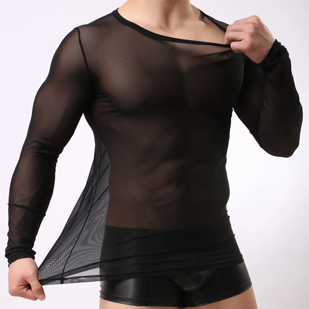 

2023 Men Mesh See Through T-Shirt Muscle Tank Top Perspective Long Sleeve Tops Tee Good Stretchy Clubwear Party Underclothes