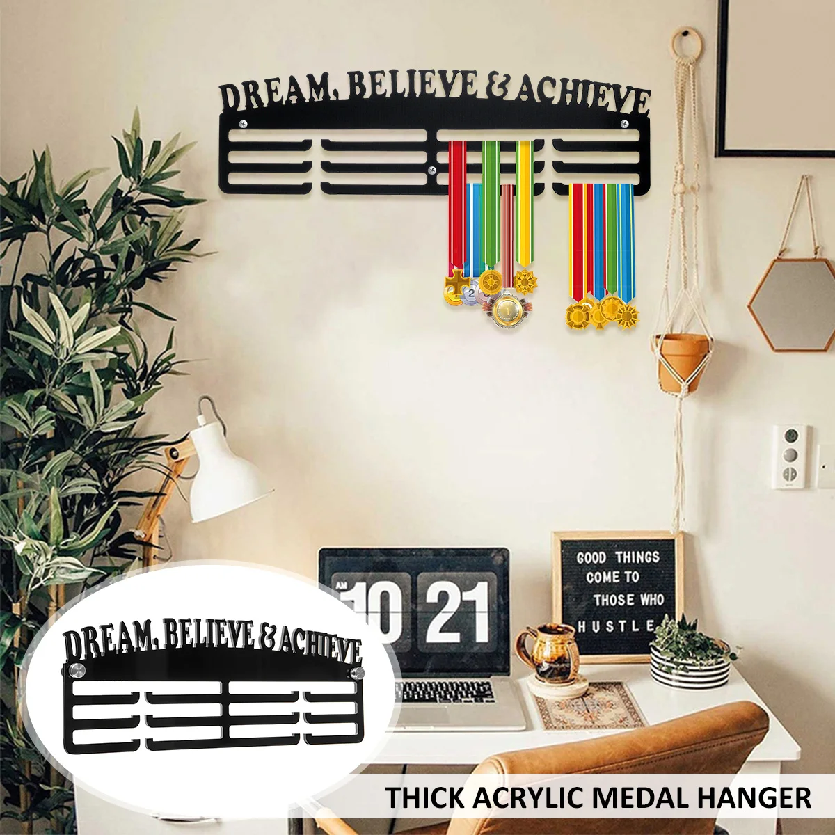 Medal Display Hanger Wall Mounted Metals Medal Display Holder with Inspirational Words Memorial Medal Rack for Living Room Decor