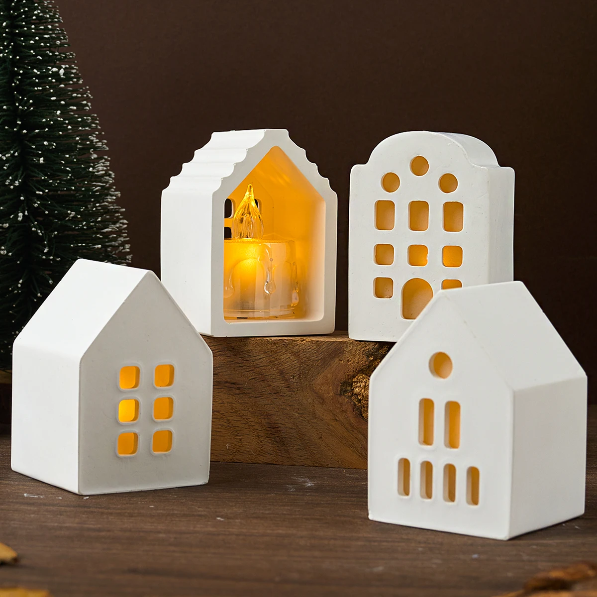 Hollow House Series Candle Holder Silicone Mold Concrete Buliding Design House Tea Light Candlestick Resin Craft Mold Home Decor