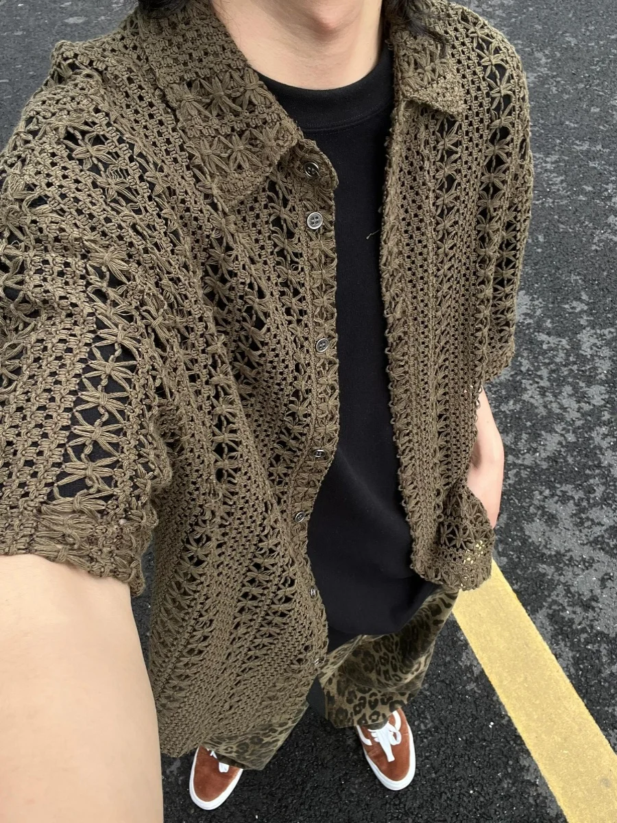 

Cleanfit Military een Hollow out Knitwear ort Sve Lightweight American Retro Vaion Sle Turn Collar f Sve Me...