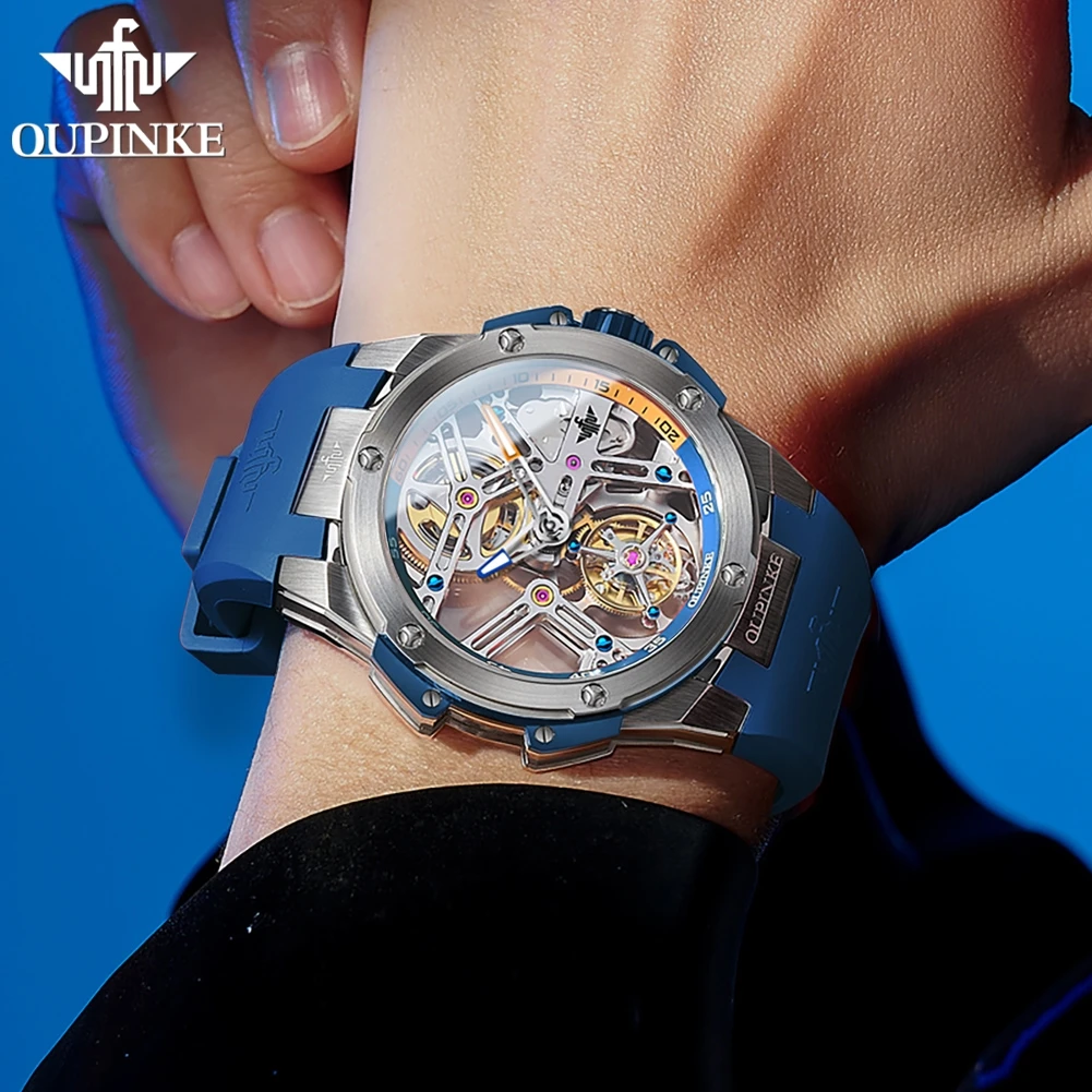 OUPINKE 8003 Watch For Men Tourbillon Hollow Mechanical Men Watch 45mm Big Dial Fashion Waterproof Silicone Strap Man Watches