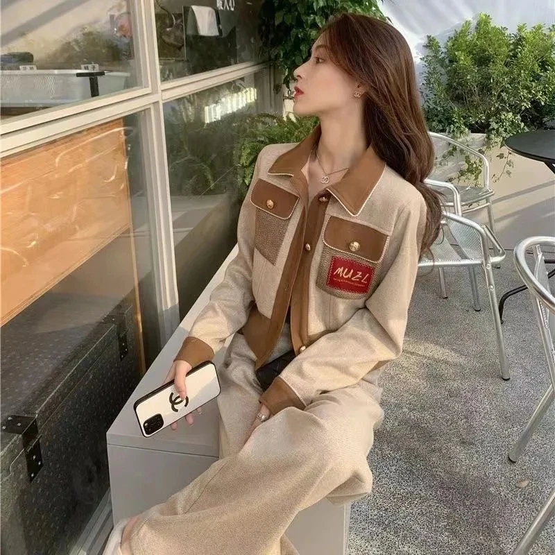 Woolen Patchwork Casual Women Spring Fall Two Piece Sets Lapel Single Breasted Coats Outfit High Waist Baggy Wide Leg Pants Suit