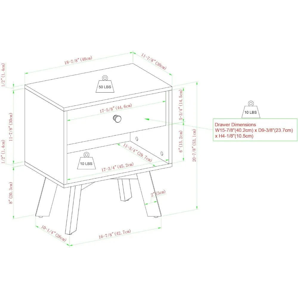 منضدة حديثة بدرج واحد من منتصف القرن، درج تخزين لغرفة النوم ورف طاولة نهاية بجانب السرير، 21 بوصة