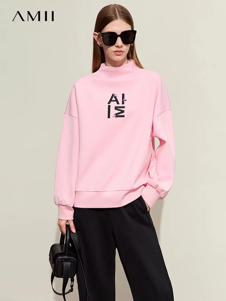 

AMII Minimalism Hoodies for Women 2024 Spring New Letter Embroidery Streetwear Sweatshirts Dropped Sleeves Loose Top 12411006