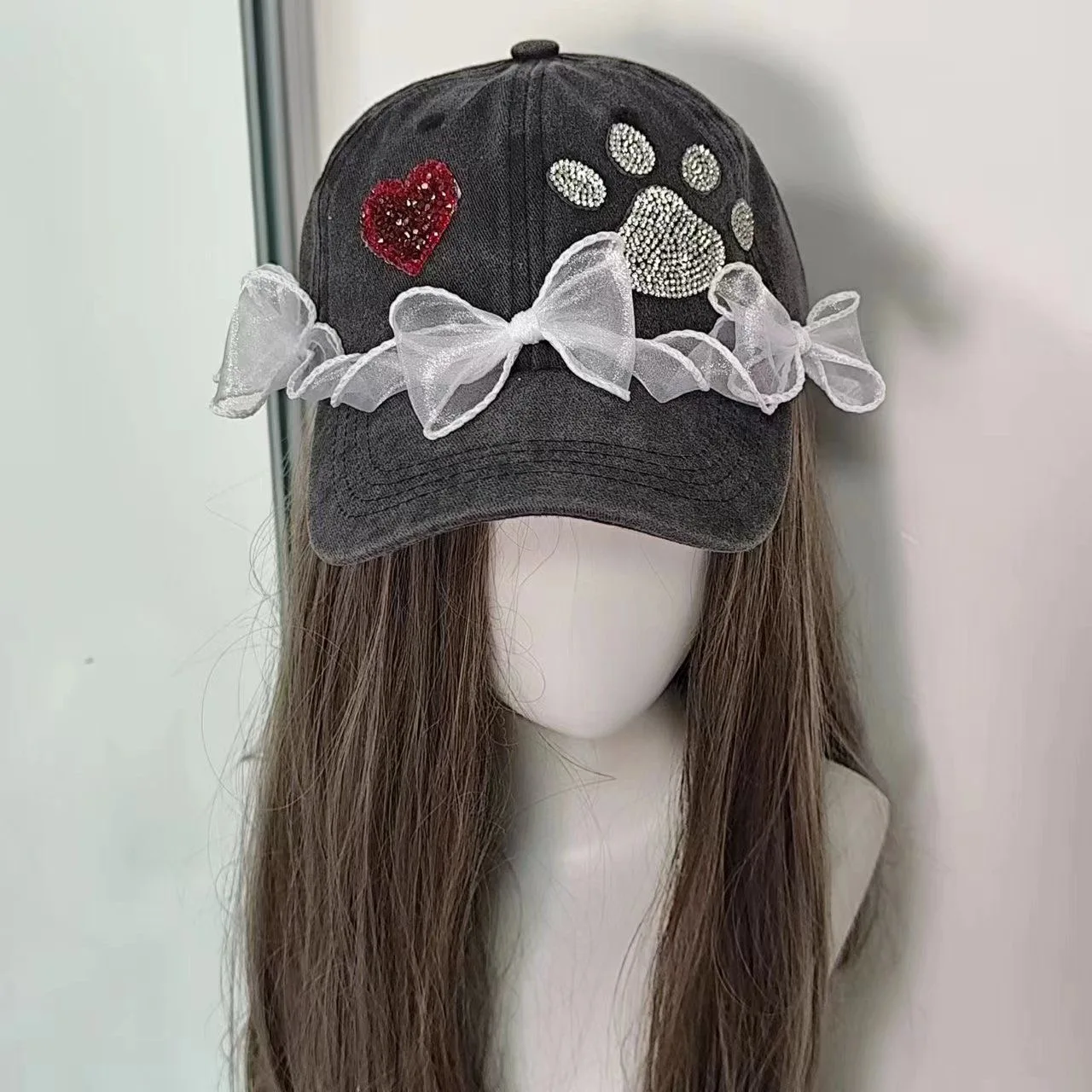 Ins estilo retro arco strass ballet estilo boné verão lolita y2k renda tempero menina lavado boné de beisebol