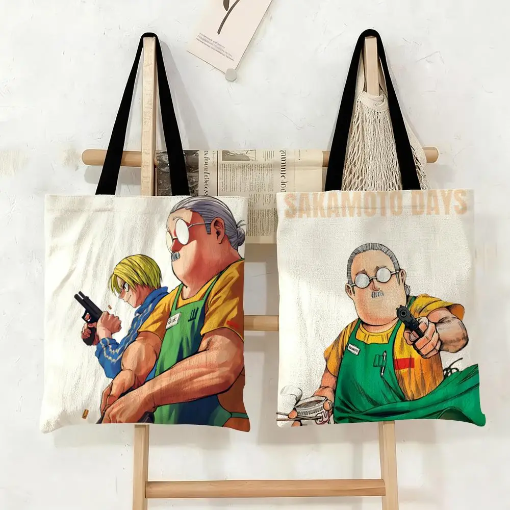 

Сумка-тоут S-SAKAMOTO DAYS из холщовой ткани с двусторонним принтом, большая вместительная сумка через плечо для покупок, модная