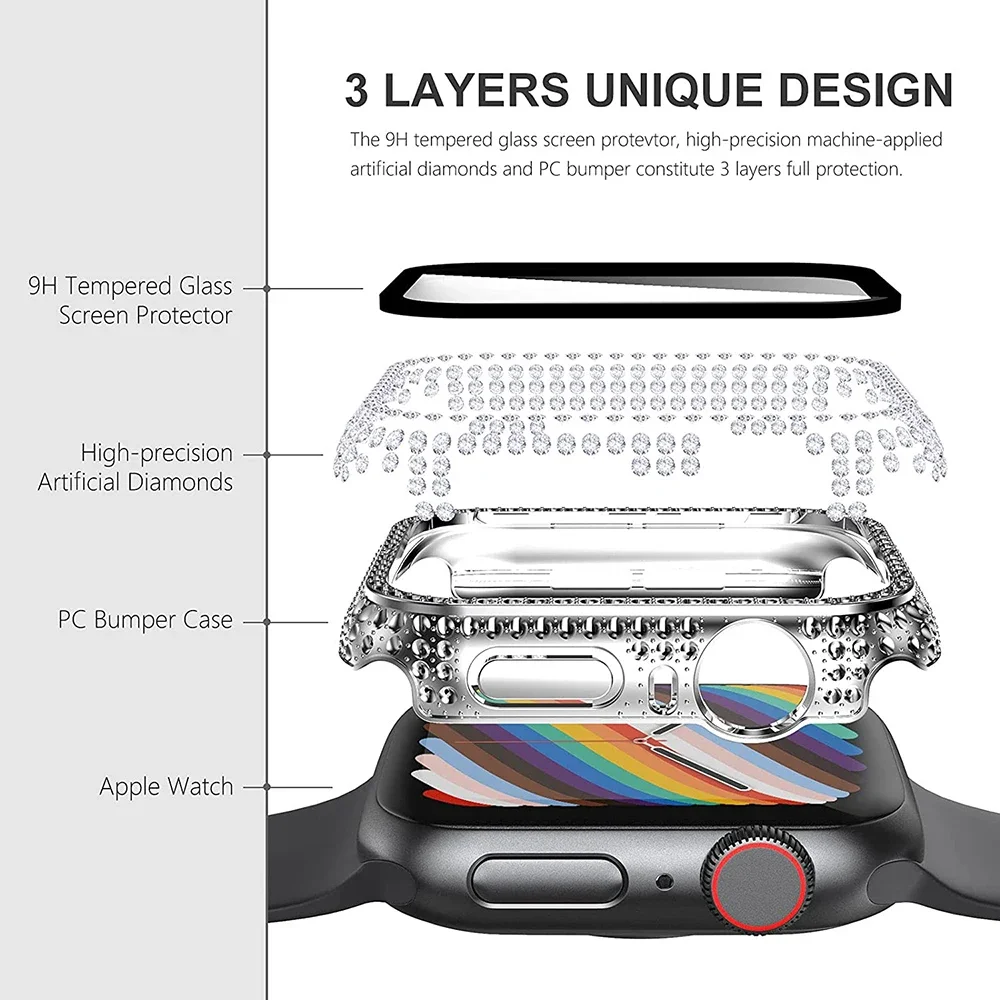 Boîtier en verre diamant + couvercle pour Apple Watch, protecteur d\'écran iWatch, étui de protection, série 7, 8, 9, 41mm, 45mm
