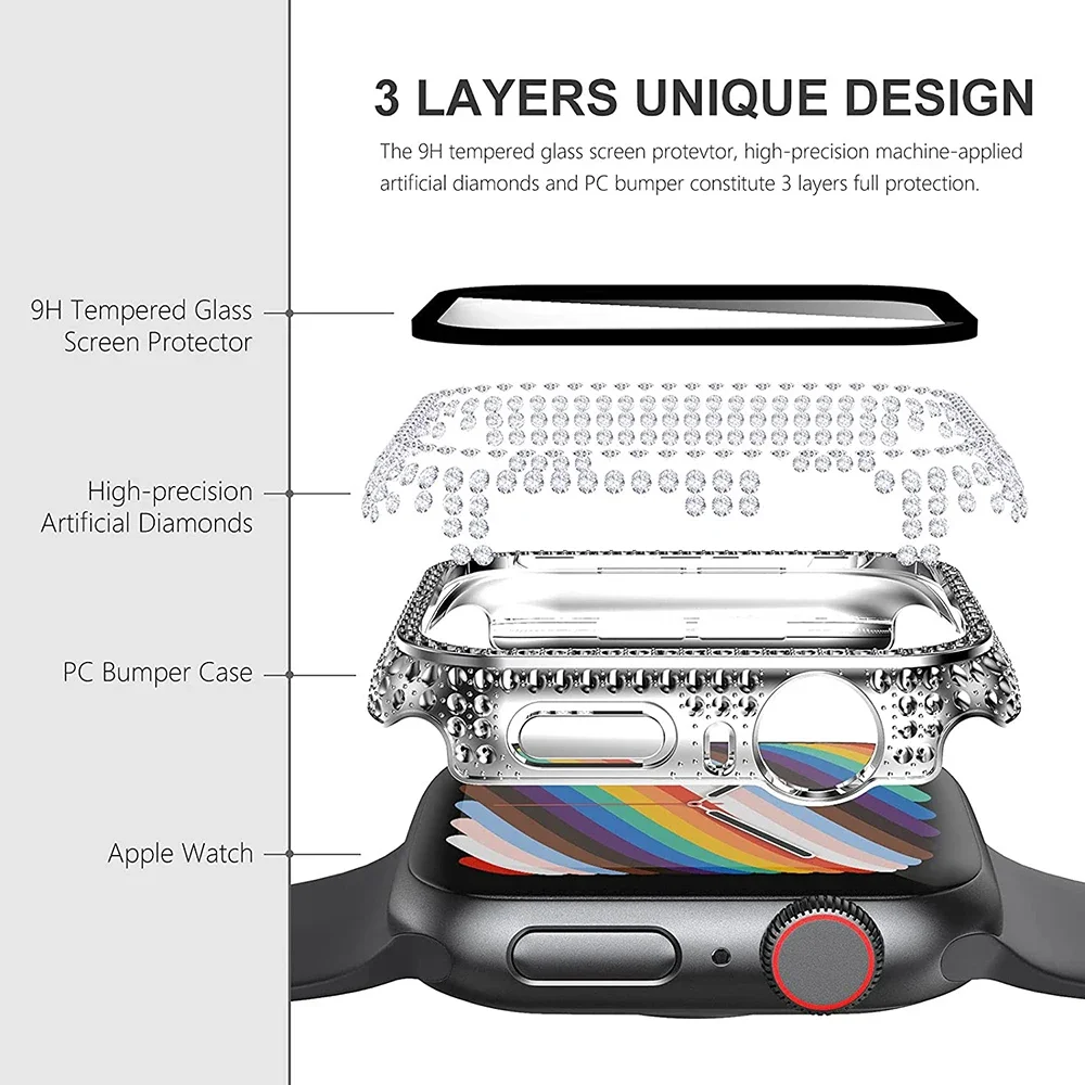 다이아몬드 시계 케이스 유리 및 커버, 애플 워치 시리즈 7, 8, 9, 41mm, 45mm, 아이워치 애플 워치 스크린 보호대 보호 케이스