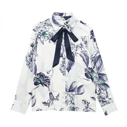 2024 New Casual Bow Printed Shirt Lapel Women's Slim Long Sleeve Short Blouse Single Breasted Blouse