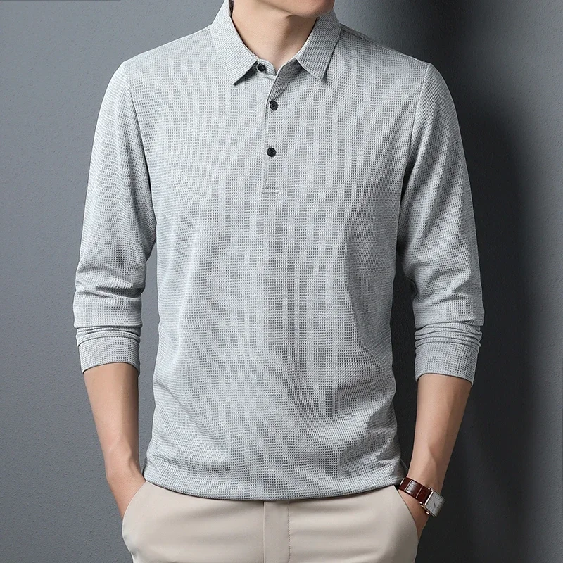 New Men's Business Fashion Casual Long Sleeved Shirt Solid Color Polo Shirt Fashionable Breathable Comfortable Versatile Top