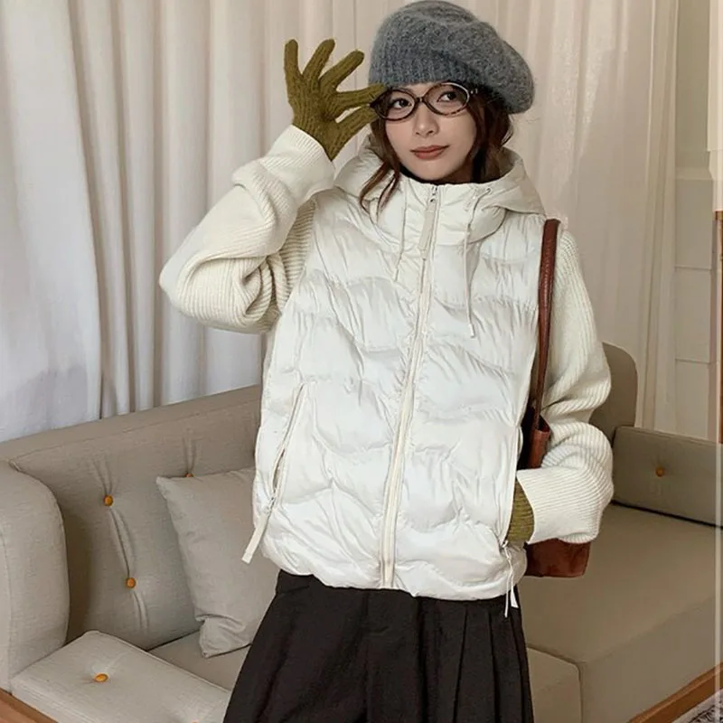 Solid Knitted Long Sleeve Cotton Jacket Autumn Winter Hooded Lightweight Warm Puffer Jackets Female Zipper Short Padded Parkas