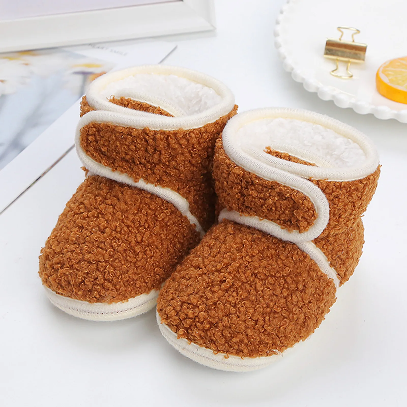 Baby Girl Warm Knit Baby Slippers Toddler Fleece Boots High-top Shoes Fashion Printing Non Slip Breathable Nude Boots