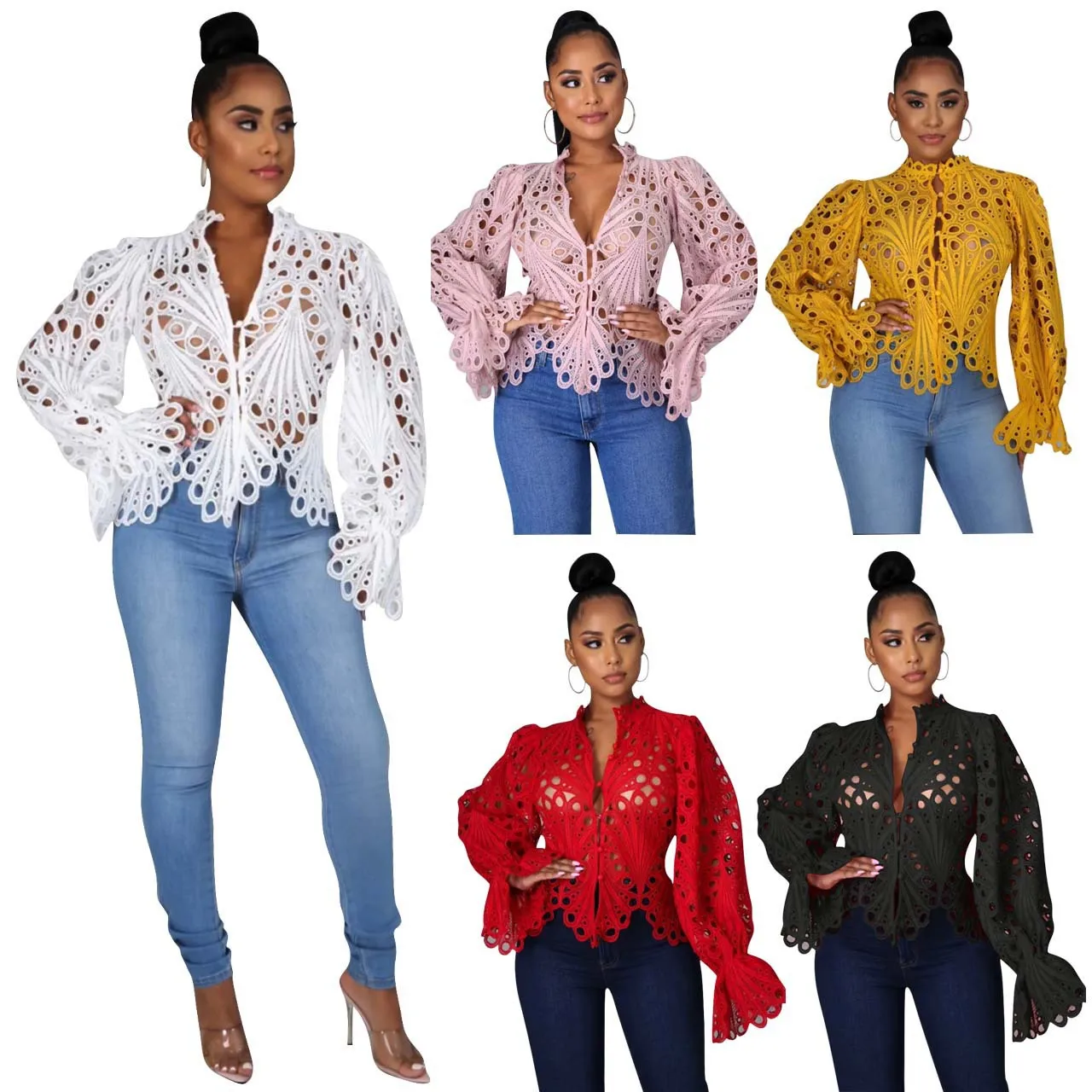 2024 New Elegant Long Sleeve Hollow Out Mesh Lace Shirt Sheer See Through Top Blouse Clothing Dashiki African Shirts For Women