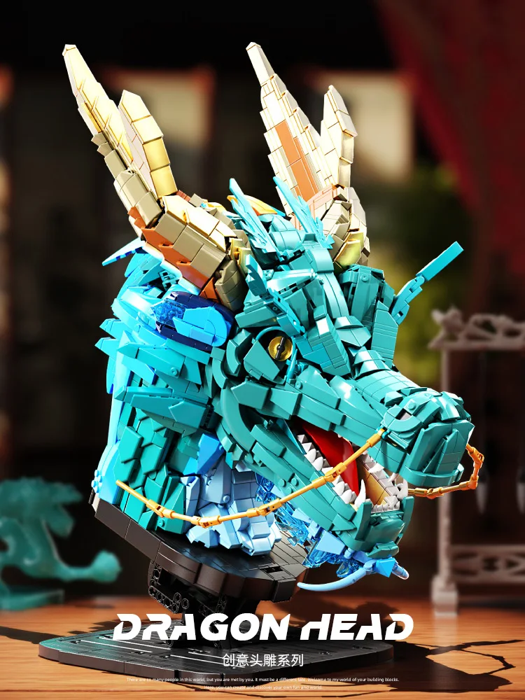 Creative Dragon Head Model Building Blocks MOC Chinese Dragon Zodiac Mythical Animal Assemble Bricks Toys Gifts Kids Adult