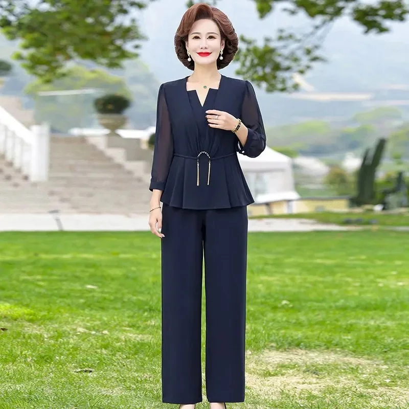 Mid Aged Mom Summer Suit Foreigner 2023 New Mid aged and Elderly Women Spring/Summer Thin Fashion High End Two Piece Set