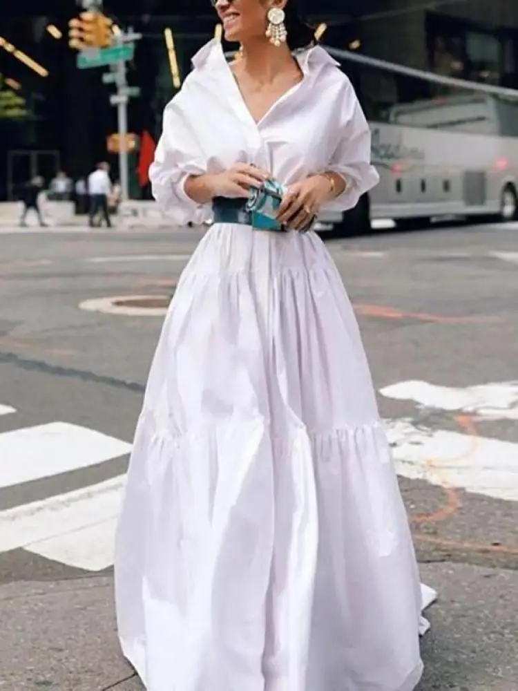 

Missuoo Solid Color Cotton Blended Dress Lapel Collar Puff Sleeves A-line Pleated Maxi Dress for Women Streetwear Casual Dresses