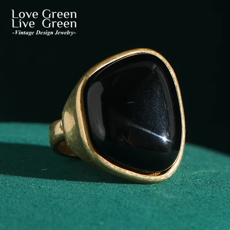 

Gold Color Natual Stone Black Rings For Woman Wedding Geometry Vintage Antique Accessories Women Luxury Quality Jewelry 2025 New