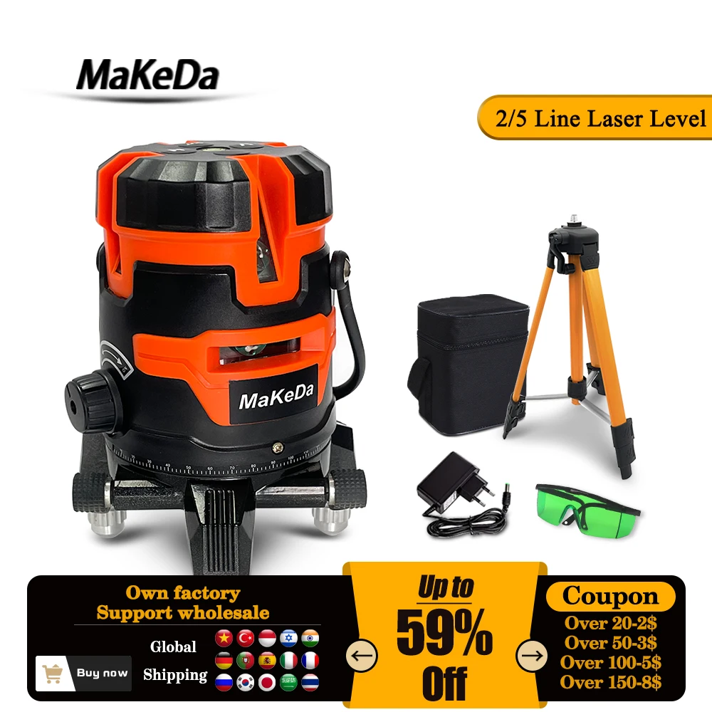 MaKeDa 2/5 Lines Green Laser Level Cross Self-leveling Horizontal&Vertical 360 Degree Rotatable with Scale лазерный уровень