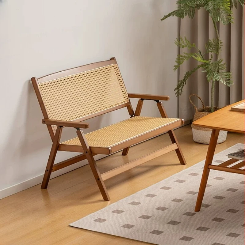 

Folding Double Chairs Imitation Rattan Patio Chaise Lounge with Back Portable Camping Bench Free Installation Double Sofa Chairs
