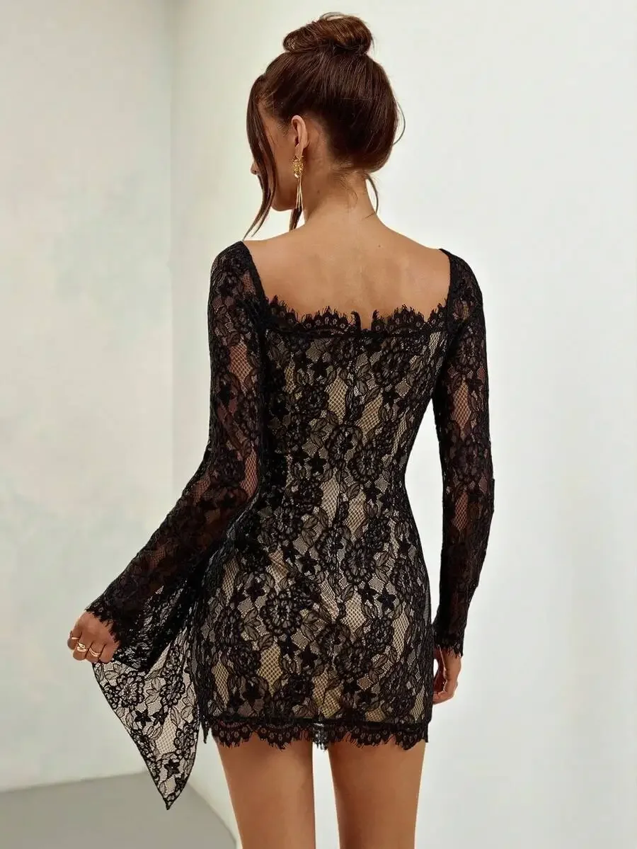 

Black Lace Sheer Long Sleeve Mini Dress With Flare Sleeve And Square Neckline