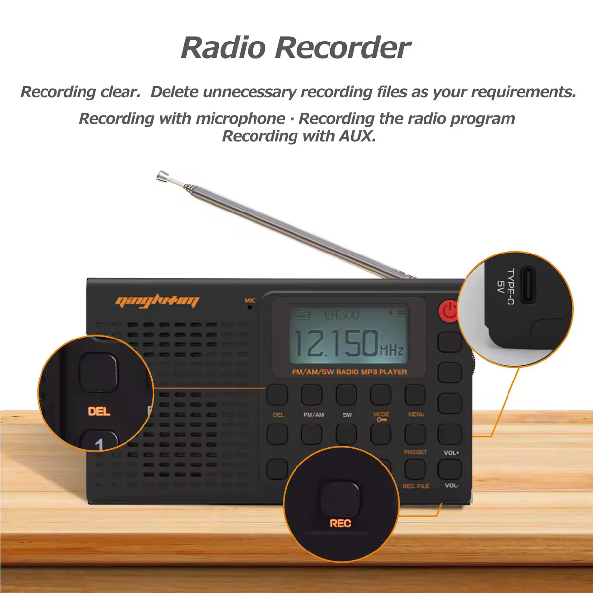 Yorek am/fm/swポータブルフルバンドラジオレコーダー、デジタル充電式ラジオサポート録音およびスリープタイマー付きtfカード