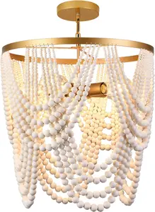 Boho Wood Beaded Chandelier with 5 Lights in Gold and Oak Finish for Dining, Living, Bedroom