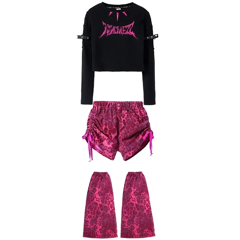 ملابس أداء رقص الجاز بدلات سرية ملابس بروفة المدرج للفتيات مجموعة من السراويل الوردية المطبوعة بطبعة الفهد لعمر 6-16 سنة #5