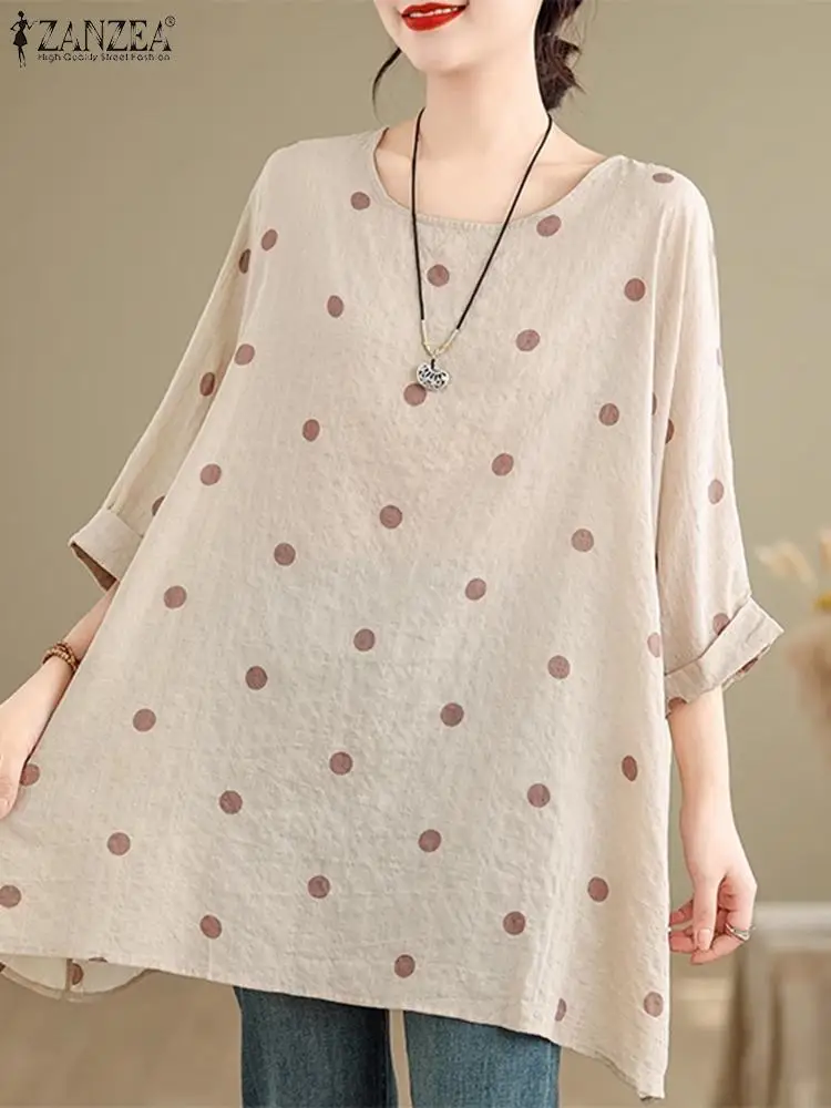 

ZANZEA Women Casual Loose Polka Dot Blouse Vintage 3/4 Sleeve Tops Summer Oversiezd Round Neck Tunics 2024 Holiday Female Blusas