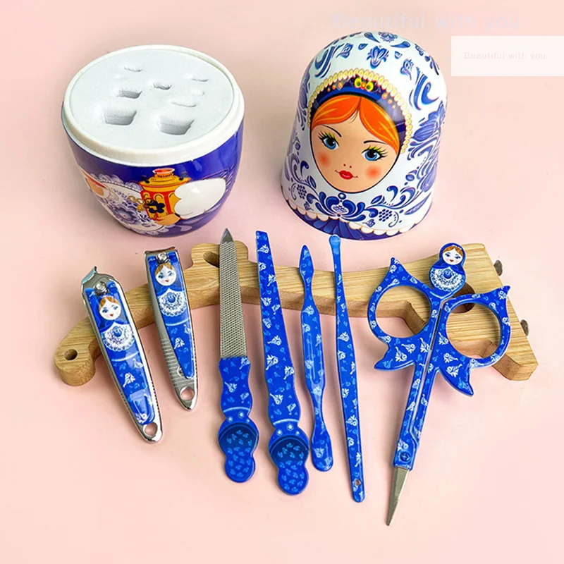 Kit de manucure pour poupée Matryoshka, ensemble de ciseaux à ongles, coupe-ongles, fournitures d'art avec ensemble de poupées gigognes décoratives, 7 pièces