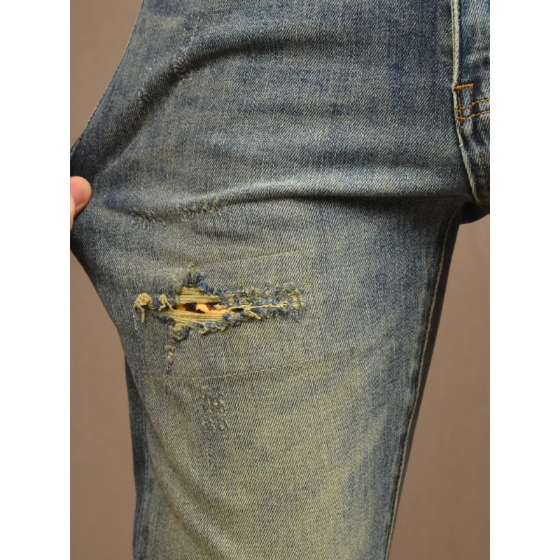 2024 New Retro Make Old Ripped Jeans Men's Street Stretch Slim Fit Skinny High-End Ruffle Handsome Patch Men's Pants