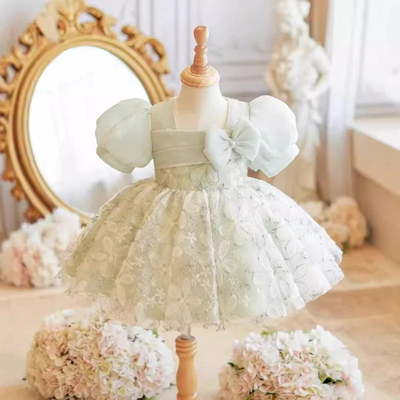 

New Children High End Elegant Evening Princess Ball Gown Baby Girls Cute Bow Puff Sleeve Birthday Party Dress y1360