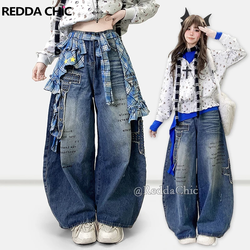 REDDACHiC Studded Cross Patched Women Barrel Pants Set Plaid Coverups Wide Leg Stitch Raw Edge Baggy Jeans Vintage Y2k Bottoms