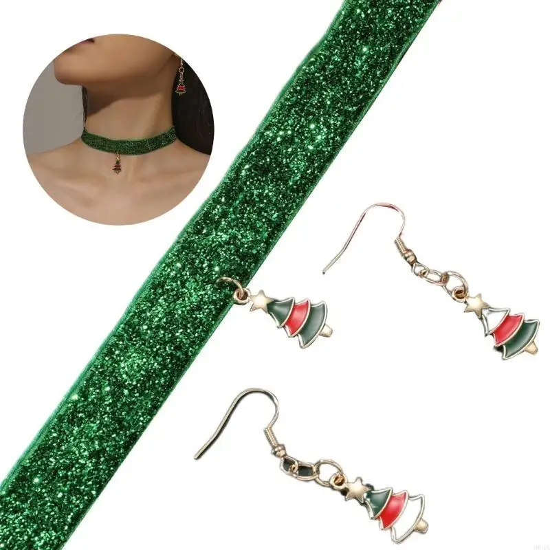Christmas Pendant Necklace Earrings Set Tree Drop Earrings Choker for Women Teen Girl Fashion Jewelry 2024 New Year Gift 964A