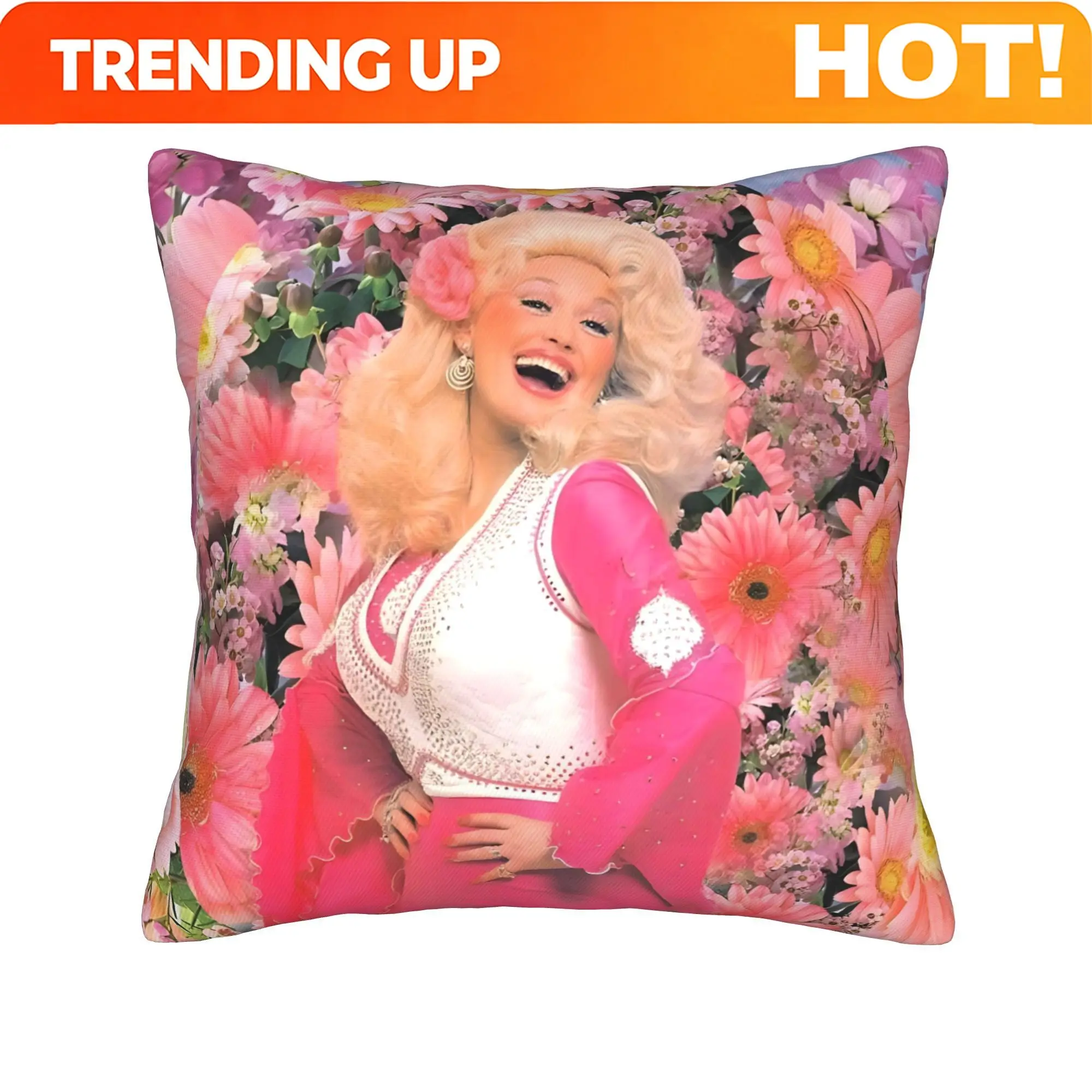 Customize Dolly Parton Themed Throw Pillowcase - Single-Sided Printed Cushion Cover with Iconic Portrait, Vibrant Pink & Golden