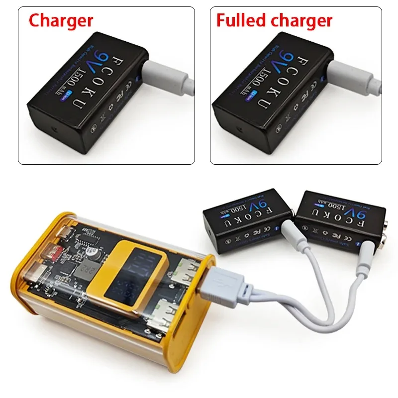 FCOKU – batterie Li-ion Rechargeable de Type C, 9V, 1500mAh, USB, Lithium, pour multimètre, Microphone, jouet + câble de chargement USB