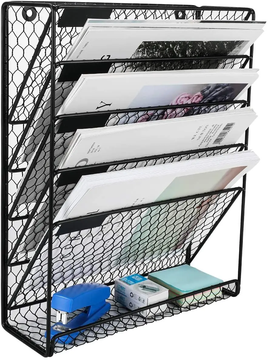 New Office Home Metal Chicken Wire Wall Mount 6 Tier Black Hanging File Holder Organizer per Book Magazine Rack