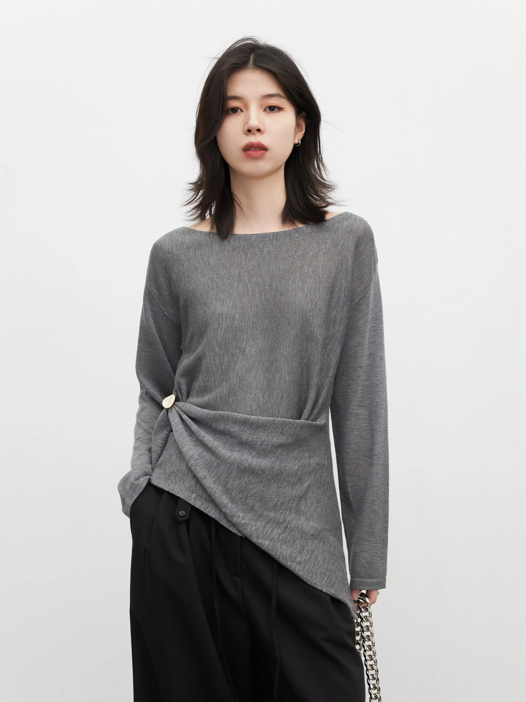 CHIC VEN New Women T-Shirt Solid Micro Transparent Side Button Knitted Shirt Long Sleeve Female Tees Pullover Spring Autumn 2026