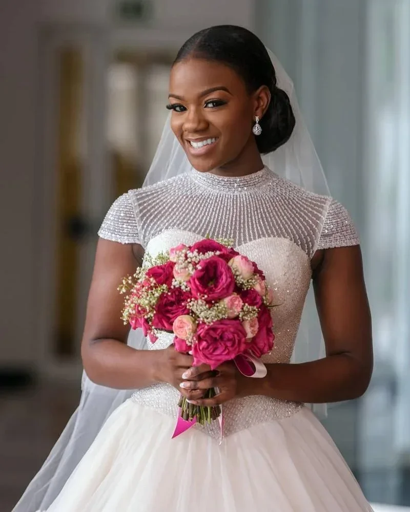 Customized Ball Gown High Collar Plus Big Size Customized Full Beaded Puffy African Short Sleeve Wedding Gowns 2024