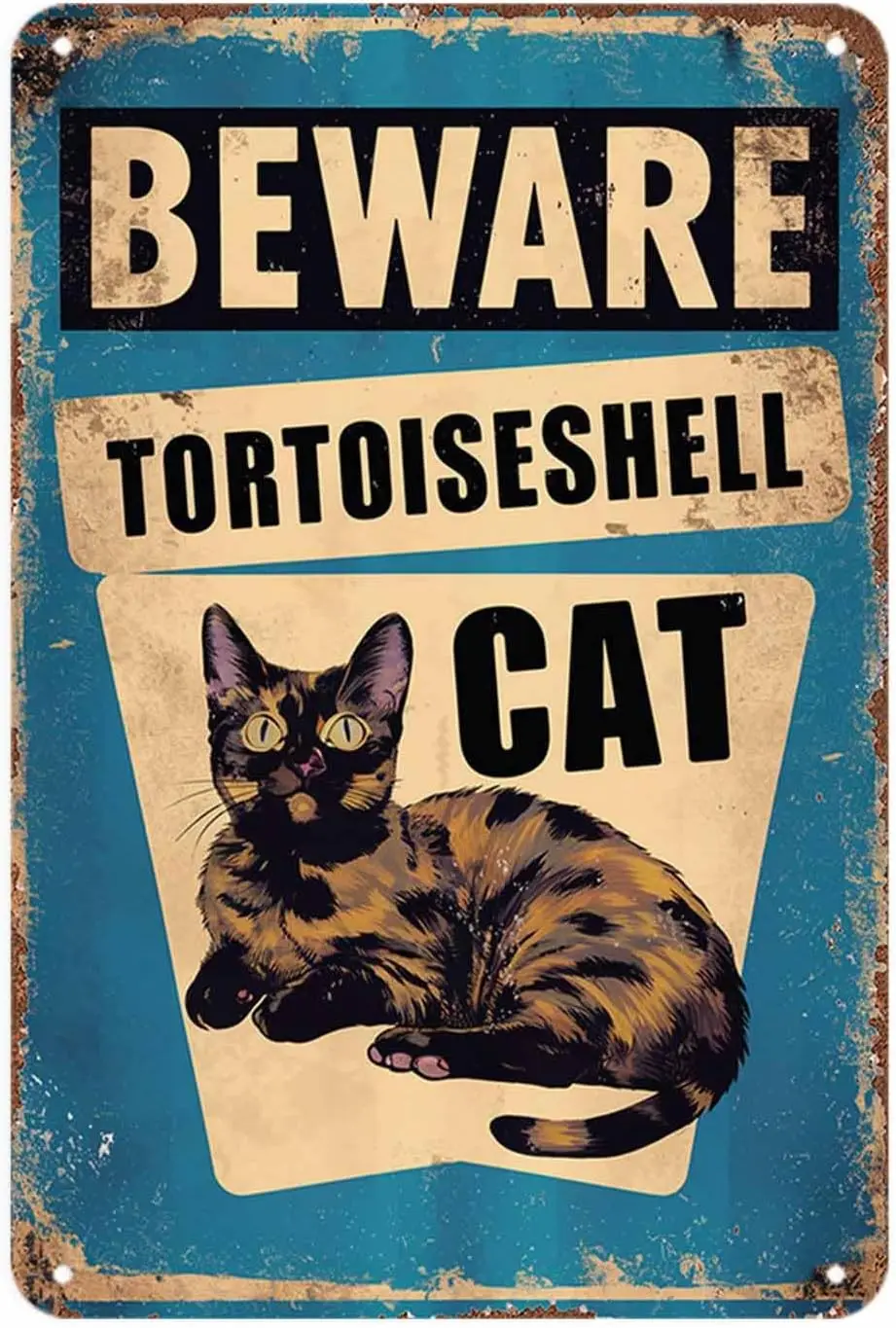 Beware Tortoiseshell Cat Tin Sign， Vintage Tortoiseshell Cat Metal Sign Print Aesthetic Room Decoration for Home Bedroom Dorm Ba