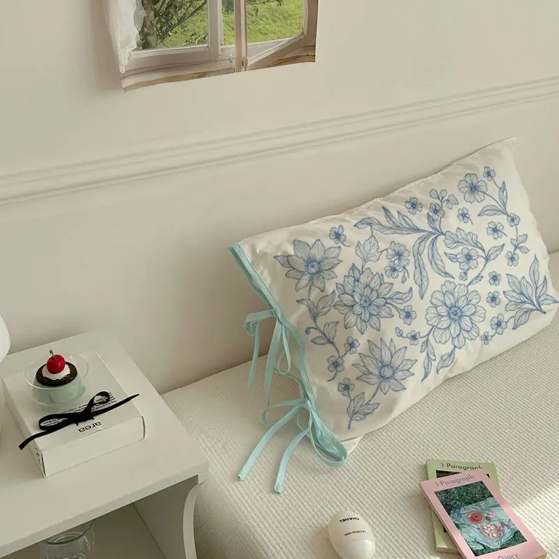 Blue Floral Embroidered Pillow Cover Lace Cotton Linen Pillowcase Coquette Decor Pillow Sham for Bedroom Dorm & Living Room Gift