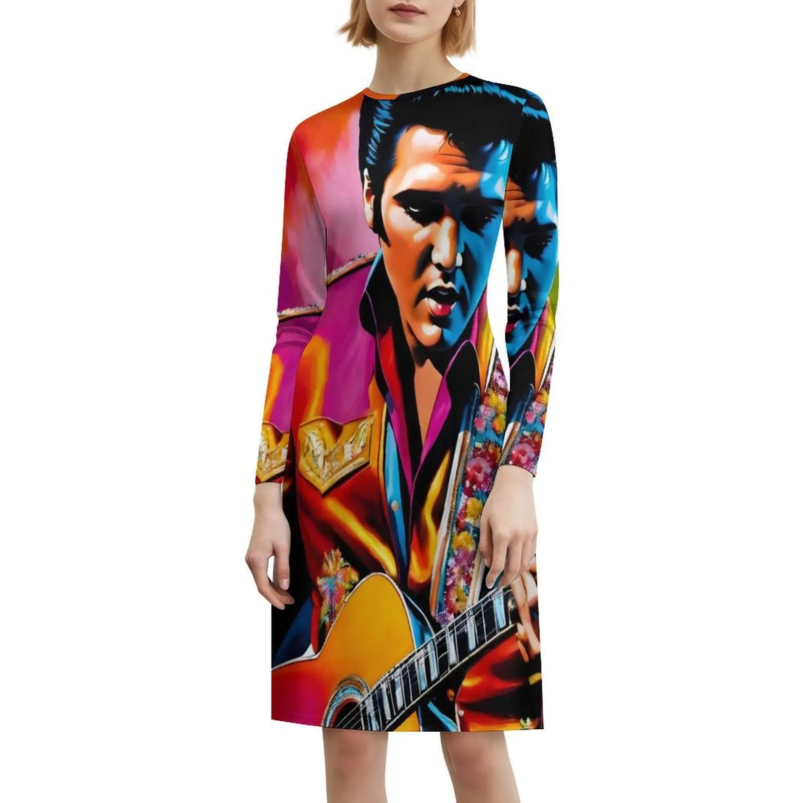فستان إلفيس مع جيتار بوهيمي بدون أكمام متعدد الطباعة لحفلات العطلات على الشاطئ إلفيس الملك ممفيس ممفيس مافيا للسيدات
