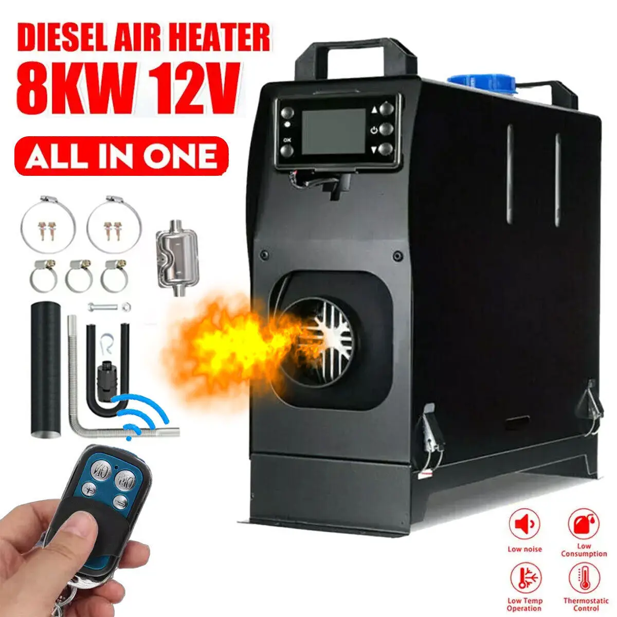 8KW 12V ALL IN ONE Car Heater Portable Diesel Air Heater Parking Night Heater 4air outlet with LCD Monitor For Car Trailer