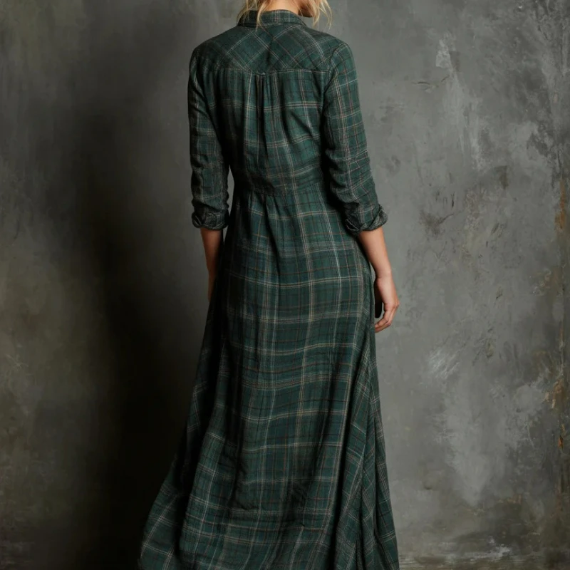 2026 Autumn New Fashion Plaid Shirt Collar Dress for Women European Style Women Clothing Elegant Long-sleeved Plaid Shirt Dress