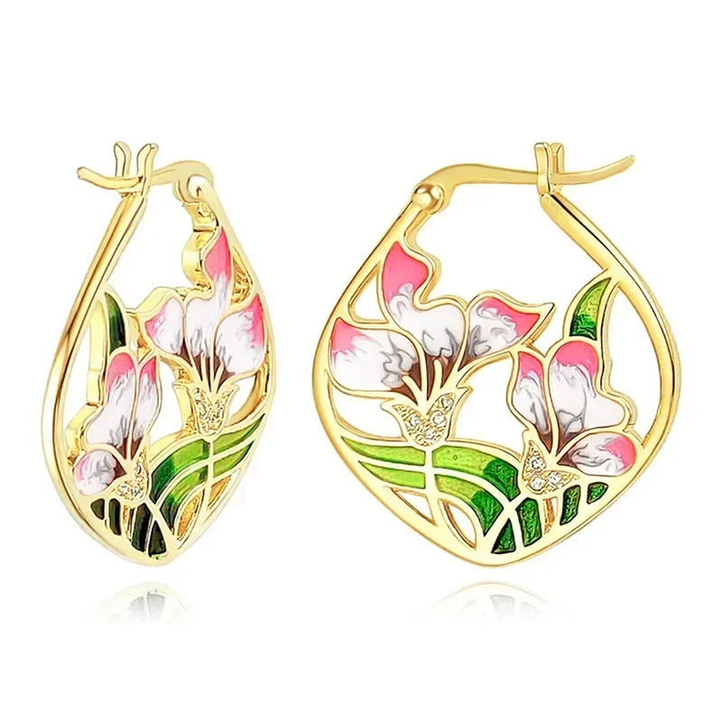 Personalized and Fresh Ethnic Style, Women's Vacation Accessories New Gold Countryside Style Oil Painting Flower Earrings