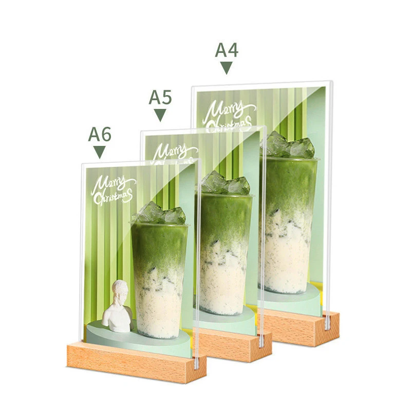 Acrylic Sign Holder With Wooden Base T Shape Table Menu Display Stand Clear AD Poster Photo Frame Price Card Holder Rack