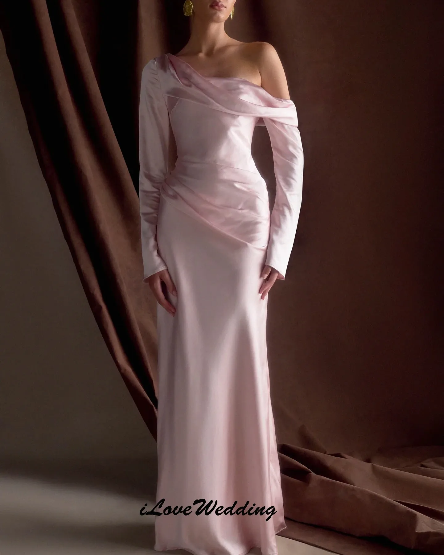 

Pink Elegant Evening Dresses 2025 Pleated Wedding Women Guest Dress Long Sleeve Formal Gowns Floor Length Prom Dress Customized